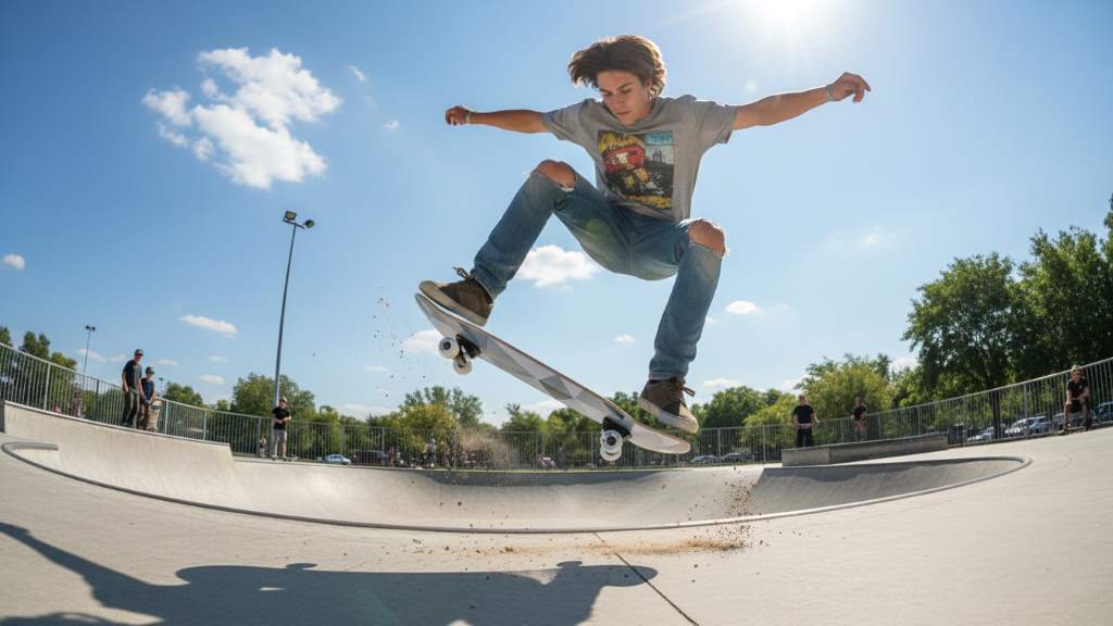 Teen skateboarder performing an ollie trick in mid-air at a skate park