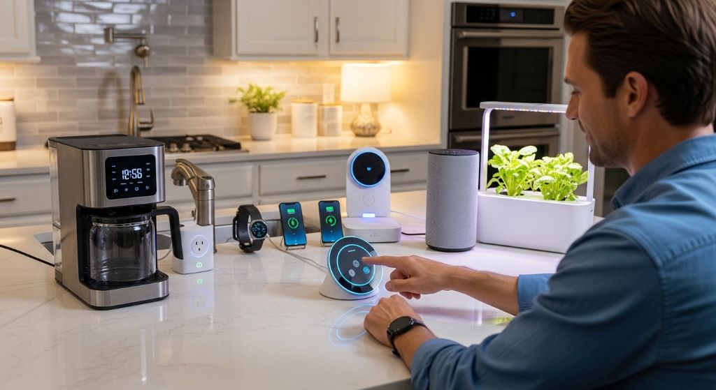 A man interacting with a smart home hub on a kitchen counter surrounded by modern smart home gifts and connected devices