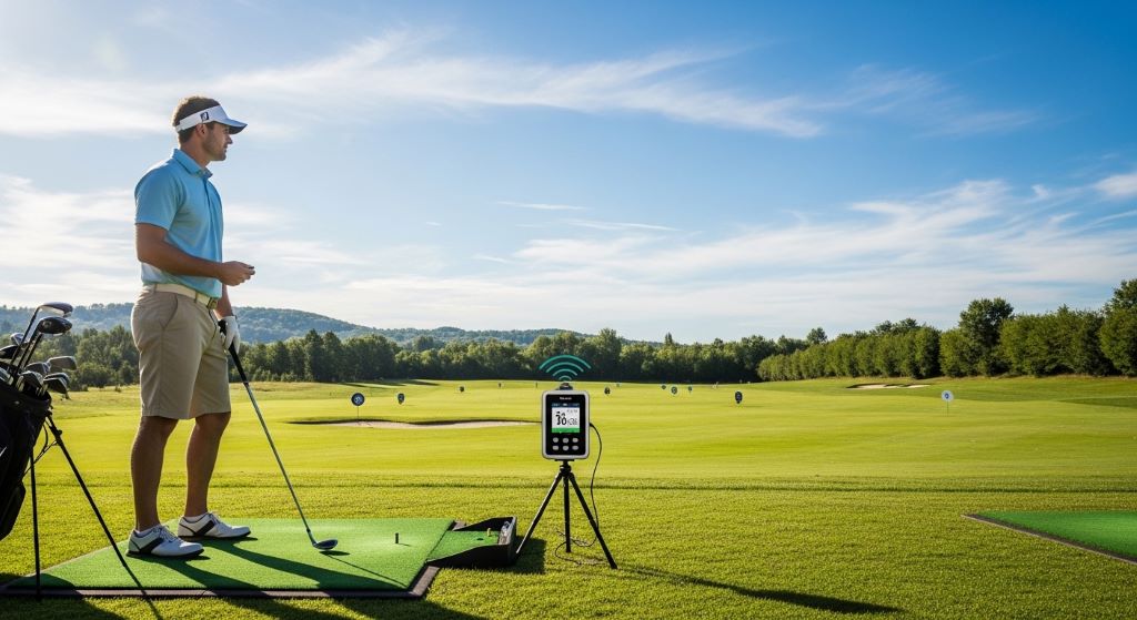 Golfer using a radar-based distance tracking device on an outdoor driving range during a sunny day