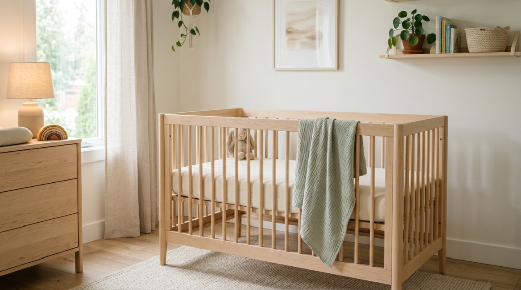 A minimalist and affordable convertible baby crib styled in a neutral-toned nursery