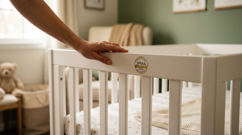 A close-up of sturdy wooden crib slats with a visible safety certification seal.