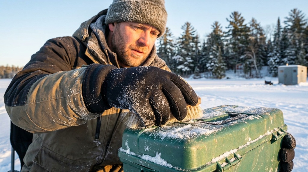 Hands in thick neoprene fishing gloves clearing snow off a tackle box.