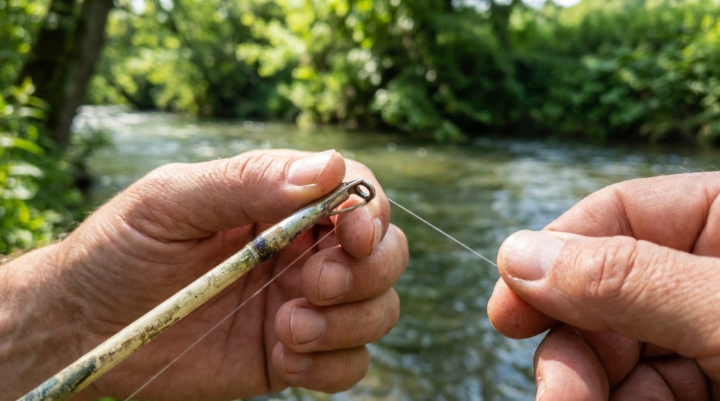 Hands threading line through the guide eyelet of a budget fishing rod.