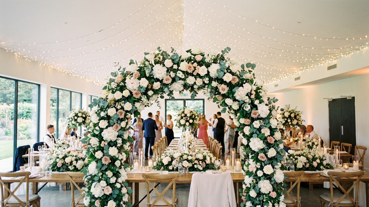 Elegant wedding reception floral arch lit by sparkling fairy lights.