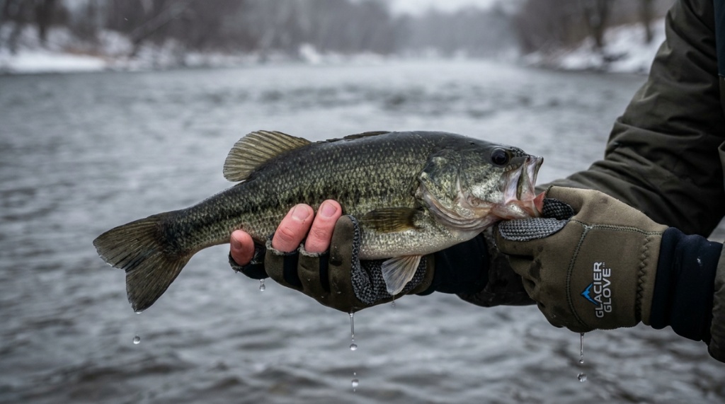 Fisherman wearing insulated cold weather gloves holding a large bass fish.