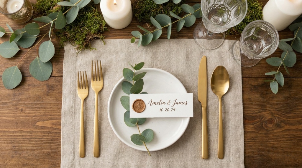 Chic wedding table setting featuring gold cutlery and fresh eucalyptus greenery.