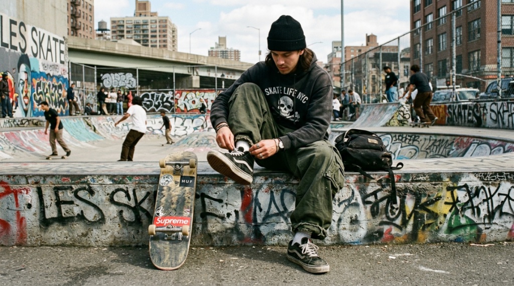 Skater wearing baggy pants walking down a bustling New York City sidewalk.