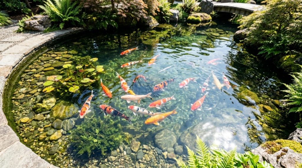 A crystal-clear pond showing healthy fish swimming after UV filtration.