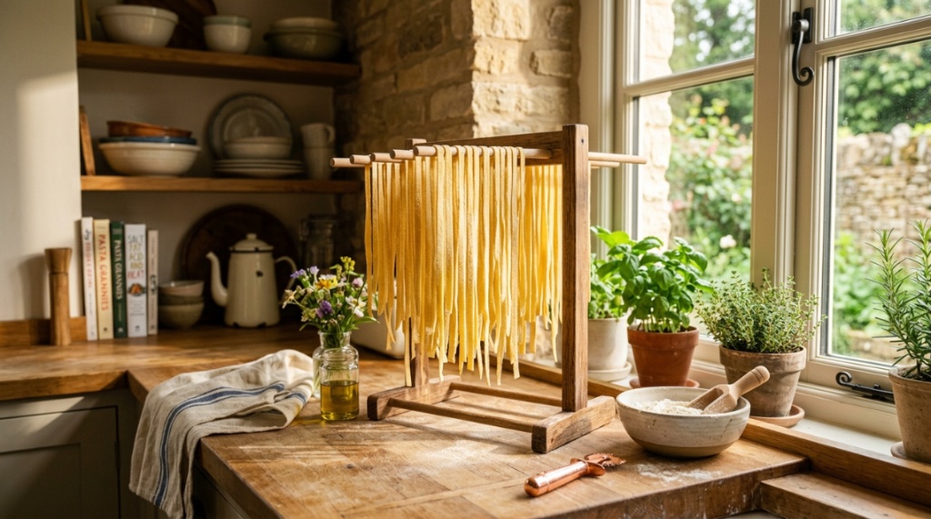 Dried golden tagliatelle pasta nests stored inside a clear glass mason jar.