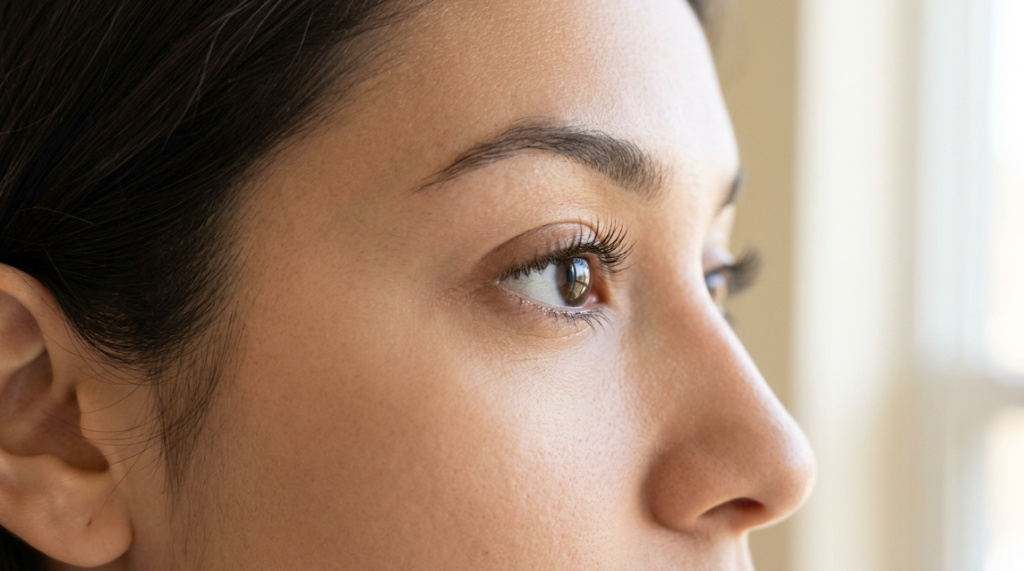 Close-up side profile of healthy long lashes without eye irritation.