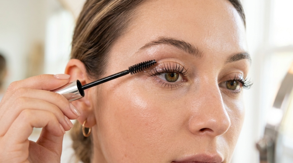 Woman applying natural lash serum gently to her long eyelashes.