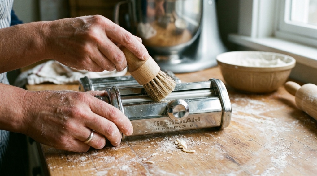 Hands using a small brush to clean flour from a KitchenAid pasta attachment.