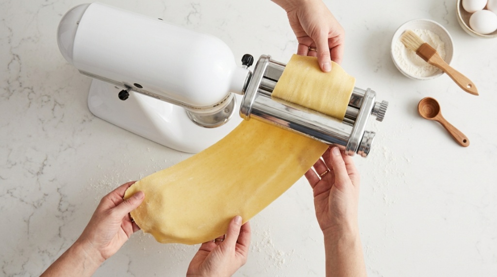 Fresh pasta dough rolling smoothly through a KitchenAid attachment on a white counter.