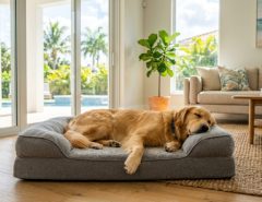 Golden retriever relaxing on cooling orthopedic dog bed in sunny room.