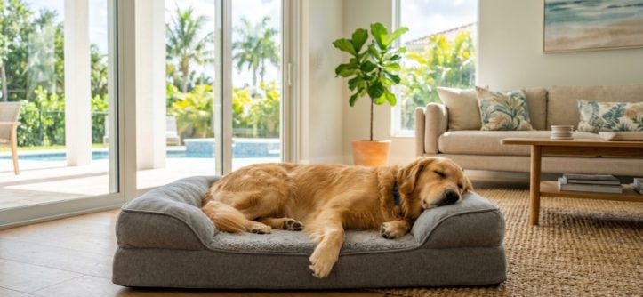 Golden retriever relaxing on cooling orthopedic dog bed in sunny room.