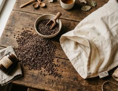 An organic buckwheat pillow resting on a clean white bed sheet.