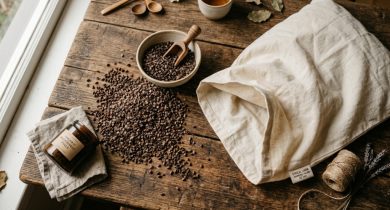 An organic buckwheat pillow resting on a clean white bed sheet.