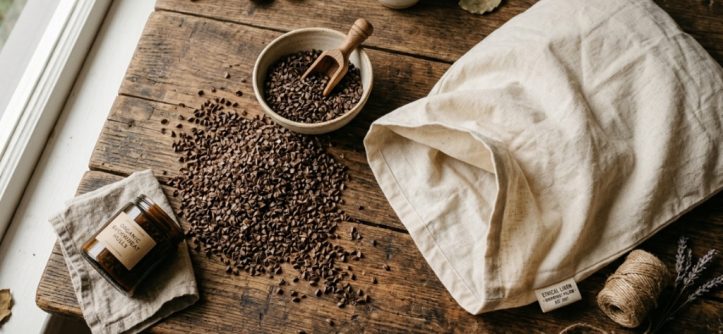 An organic buckwheat pillow resting on a clean white bed sheet.