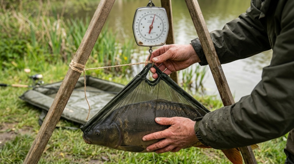Hands securing a large fish inside a wet weighing sling on a boat.
