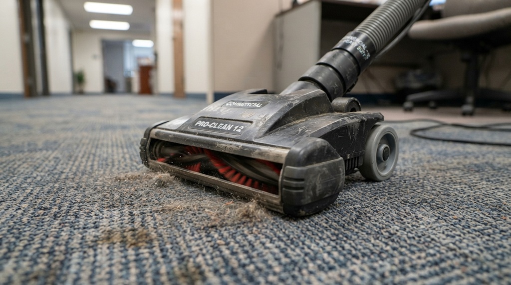 Commercial vacuum cleaner nozzle cleaning office carpet.