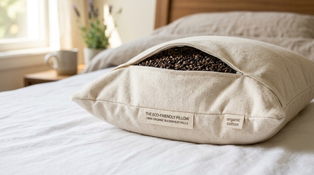 Loose buckwheat hulls displayed next to an open cotton pillowcase.