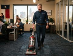 A male business owner vacuuming a commercial office floor.