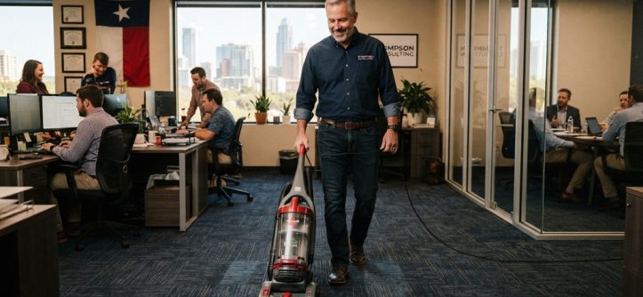 A male business owner vacuuming a commercial office floor.