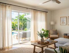 Bright living room with affordable curtains filtering Florida sunlight through large windows.