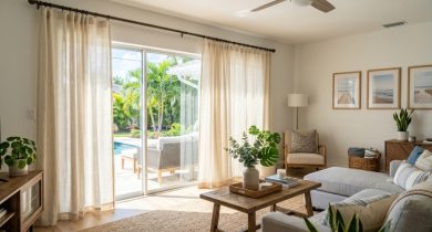 Bright living room with affordable curtains filtering Florida sunlight through large windows.