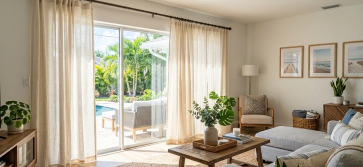 Bright living room with affordable curtains filtering Florida sunlight through large windows.