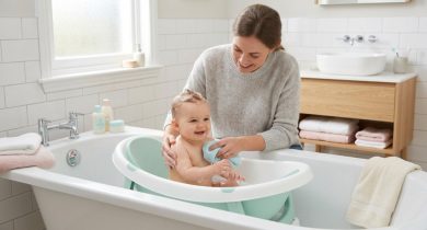 Parent gently bathing a happy infant in a baby bathtub.