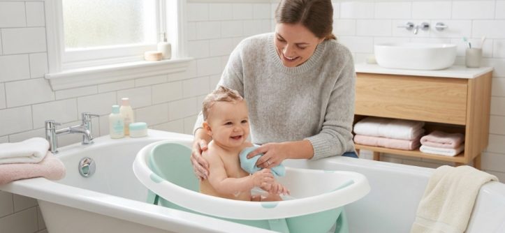 Parent gently bathing a happy infant in a baby bathtub.