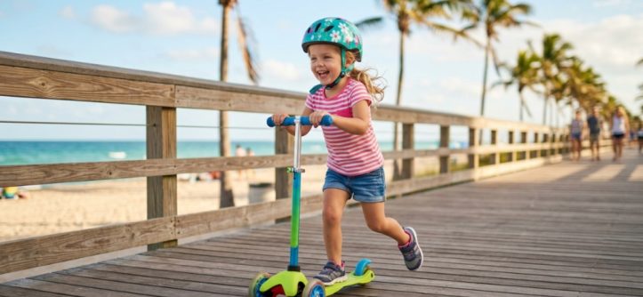 A happy child riding a scooter with an adjustable handle on a Florida sidewalk.
